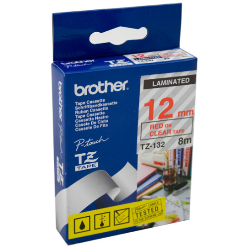 Brother TZ-132 Laminated Red on Clear Tape (12mm Width 8 Metres in Length)