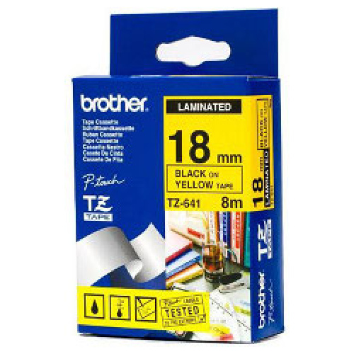 Brother TZ-641 Laminated Black Printing on Yellow Tape (18mm Width 8 Metres in Length)