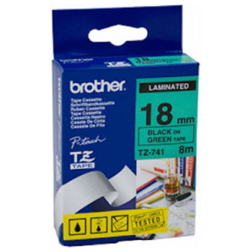 Brother TZ-741 Laminated Black Printing on Green Tape (18mm Width 8 Metres in Length)
