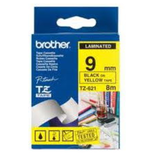 Brother TZ-621 Laminated Black Printing on Yellow Tape (9mm Width; 8 Metres in Length)