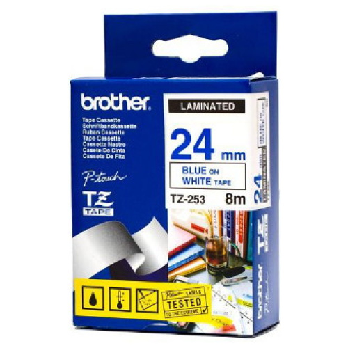 Brother TZ-253 Laminated Blue Printing on White Tape (24mm Width 8 Metres in Length)
