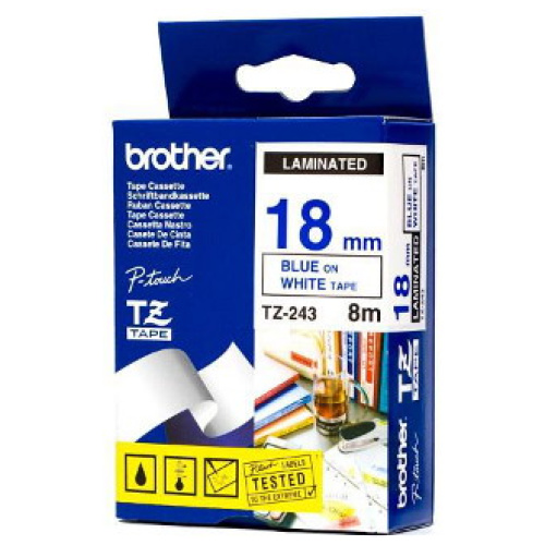 Brother TZ-243 Laminated Blue Printing on White Tape (18mm Width 8 Metres in Length)