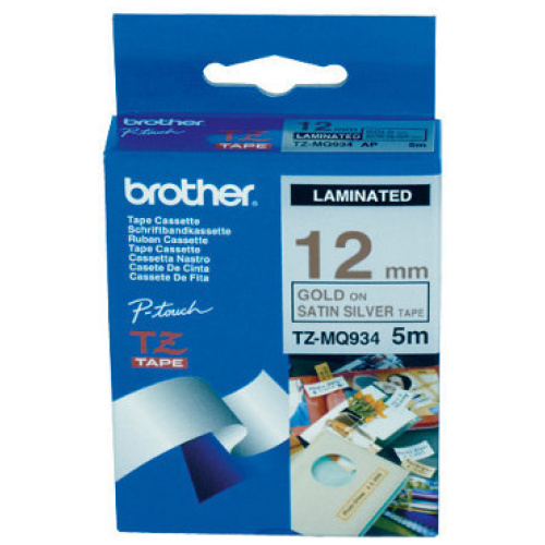 Brother TZ-MQ934 Matte Laminated Gold on Satin Silver (12mm Width, 5 Metres in Length)
