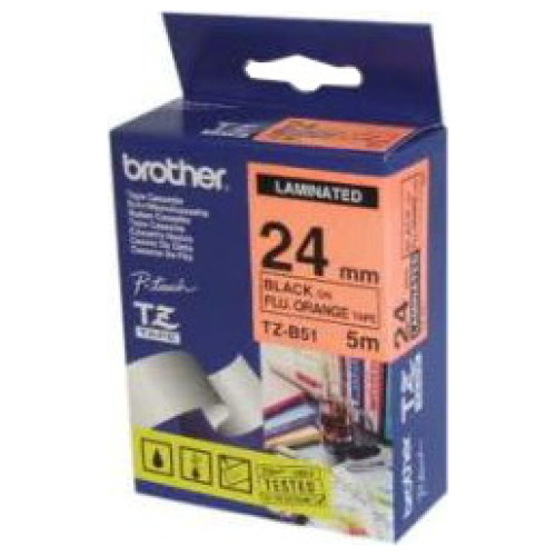 Brother TZ-B51 Laminated Black Printing on Fluro Orange (24mm Width, 5 Metres in Length)