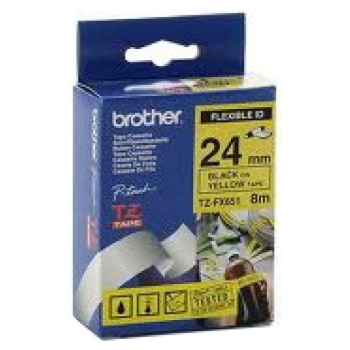 Brother TX-FX651 Flexible Laminated Black Printing on Yellow Tape (24mm Width 8 Metres in Length)