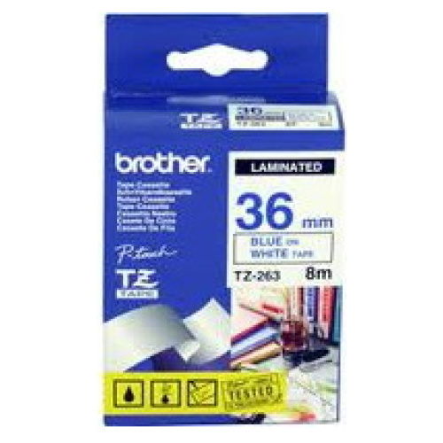 Brother TZ-263 Laminated Blue Printing on White Tape (36mm Width8 Metres in Length)