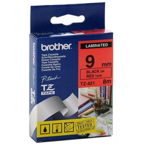 Brother TZ-421 Laminated Black Printing on Red TApe (9mm Width 8 Metres in Length)