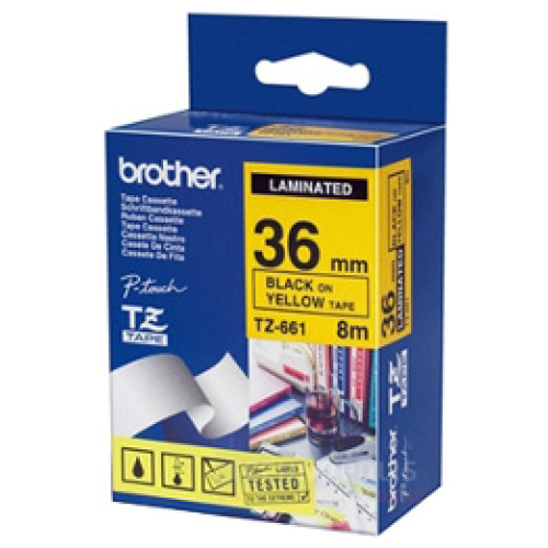Brother TZ-661 Laminated Black Printing on Yellow Tape (36mm Width 8 Metres in Length)