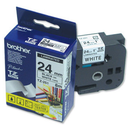 Brother TZ-251 Laminated Black Printing on White Tape (24mm Width 8 Metres in Length)
