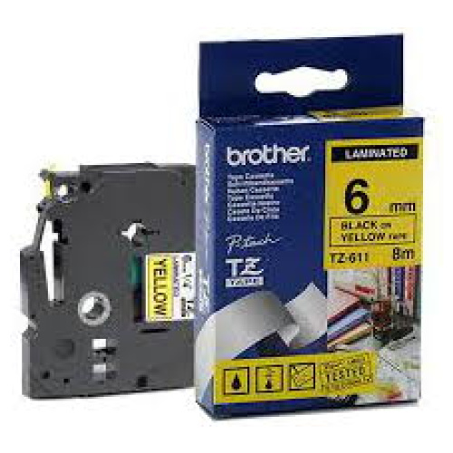 Brother TZ-611 Laminated Black Printing on Yellow Tape (6mm Width; 8 Metres in Length)