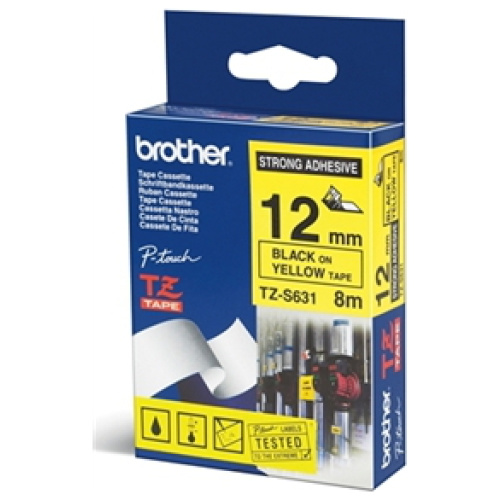 Brother TZ-S631 Strong Adhesive Laminated Tape Black on Yellow (12mm 8M Length)