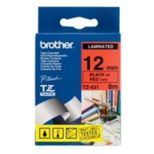 Brother TZ-431 Laminated Black Printing on Red Tape (12mm Width 8 Metres in Length)