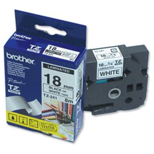 Brother TZ-241 Laminated Black Printing on White Tape (18mm Width 8 Metres in Length)