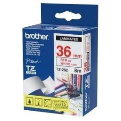 Brother TZ-262 Laminated Red Printing on White Tape (36mm Width 8 Metres in Length)