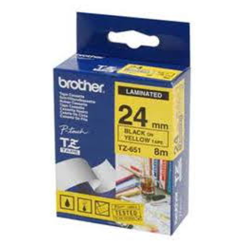 Brother TZ-651 Laminated Black Printing on Yellow Tape (24mm Width 8 Metres in Length)