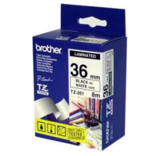Brother TZ-261 Laminated Black Printing on White Tape (36mm Width 8 Metres in Length)