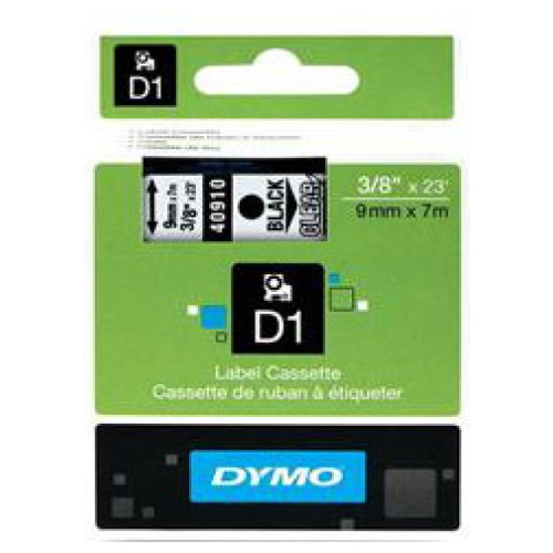 DYMO D1 (SD40910/S0720670) Label Cassette, 9mm x 7m - Black on Clear