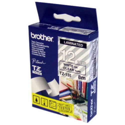 Brother TZ-135 Laminated White on Clear Tape (12mm Width 8 Metres in Length)