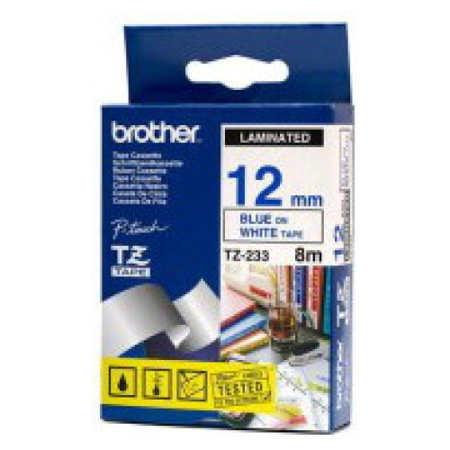 Brother TZ-233 Laminated Blue Printing on White Tape (12mm Width 8 Metres in Length)
