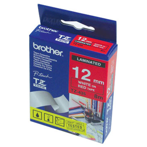 Brother TZ-435 Laminated White Printing on Red Tape (12mm Width 8mm in Length)