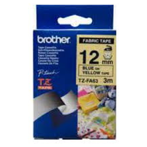 Brother TZ-FA63 Fabric Iron on Tape Blue Printing on Yellow Tape (12mm Width 3 Metres in Length)
