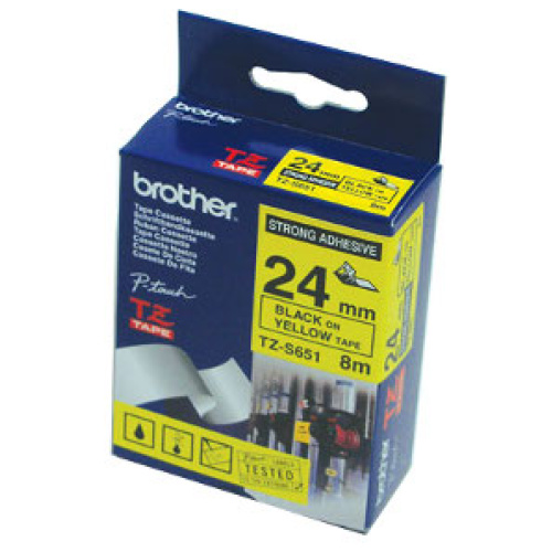 Brother TZ-S651 Strong Adhesive Laminated Tape, Black on Yellow (24mm 8m Length)