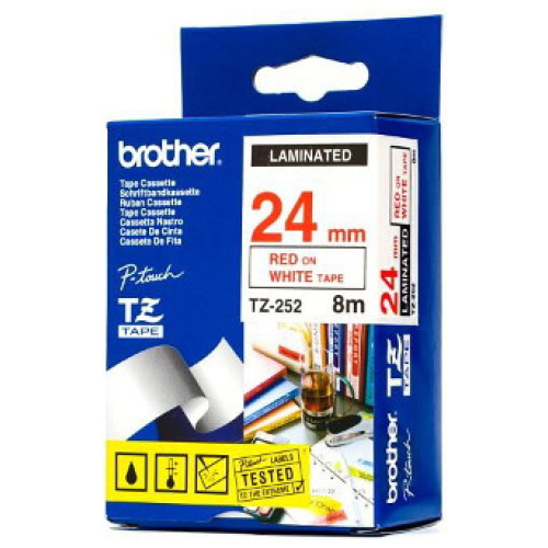 Brother TZ-252 Laminated Red Printing on White Tape (24mm Width 8 Metres in Length)