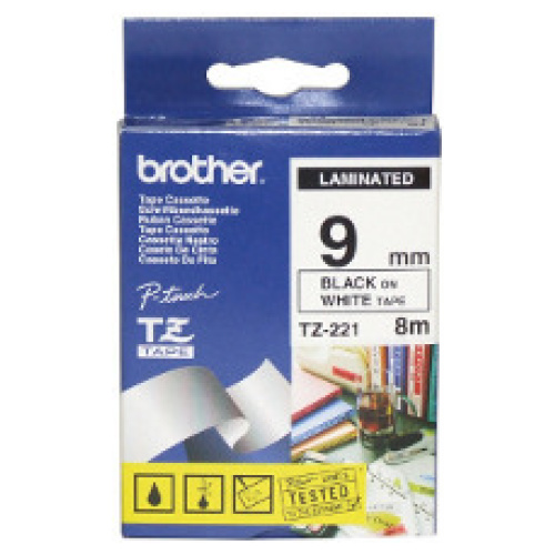 Brother TZ-221 Laminated Black printing on White Tape (9mm Width 8 Metres in Length)