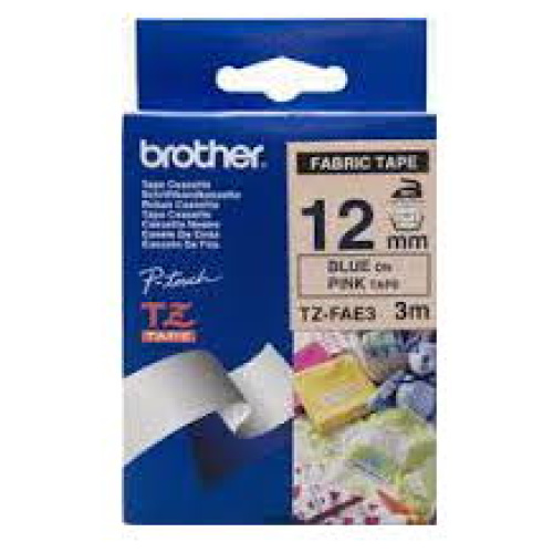 Brother TZ-FAE3 Fabric Iron on Tape Blue Printing on Pink Tape (12mm Width 3 Metres in Length)