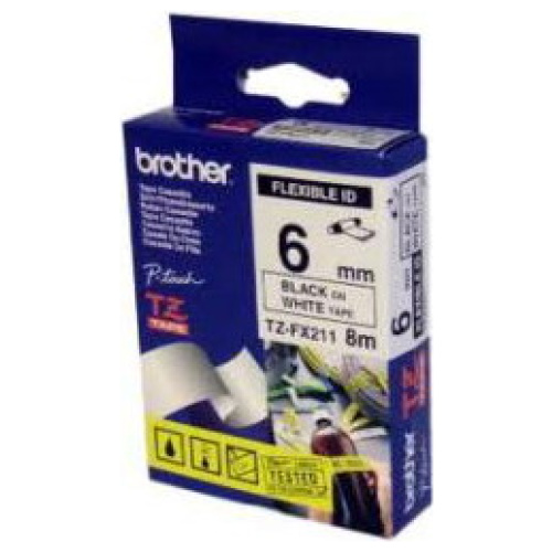 Brother TZ-FX211 Flexible Laminated Black Printing on White Tape (6mm Width 8 Metres in Length)