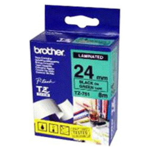 Brother TZ-751 Laminated Black Printing on Green Tape (24mm Width 8 Metres in Length)