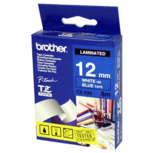 Brother TZ-535 Laminated White Printing on Blue Tape (12mm Width 8 Metres in Length)