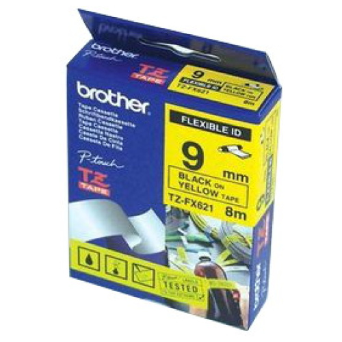 Brother TZ-FX621 Flexible Laminated Tape, Black Printing on Yellow (9mm Width, 8 Metres in Length)