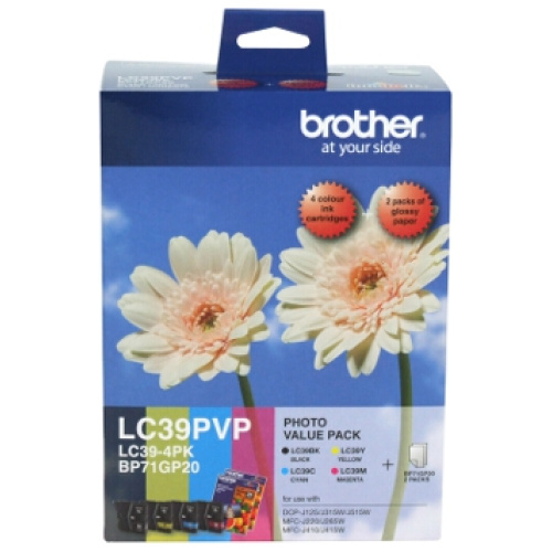 Brother LC-39PVP Photo Value Pack including  LC-39BK/C/M/Y and 40 Sheets of 4x6 Photo Paper