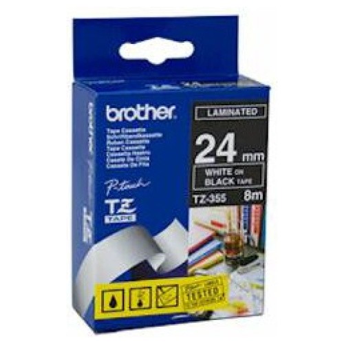 Brother TZ-355 Laminated White Printing on Black Tape (24mm Width 8 Metres in Length)