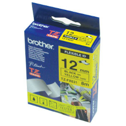 Brother TZ-FX631 Flexible Laminated Black Printing on Yellow Tape (12mm Width 8 Metres in Length)