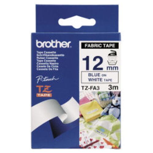 Brother TZ-FA3 Fabric Iron on Tape Blue Printing on White Tape (12mm Width 3 Metres in Length)