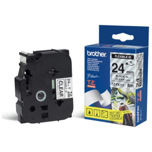 Brother TZ-FX151 Flexible Laminated  Black Printing on Clear Tape (24mm Width 8 Metres in Length)