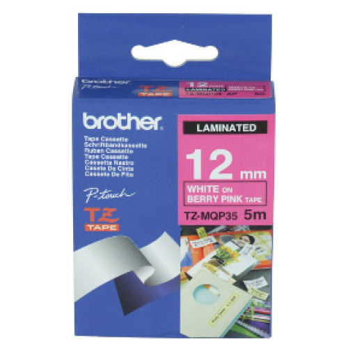 Brother TZ-MQP35 White on Berry Pink, (Matte Laminated) 12mm Width, 5 Metres in Length