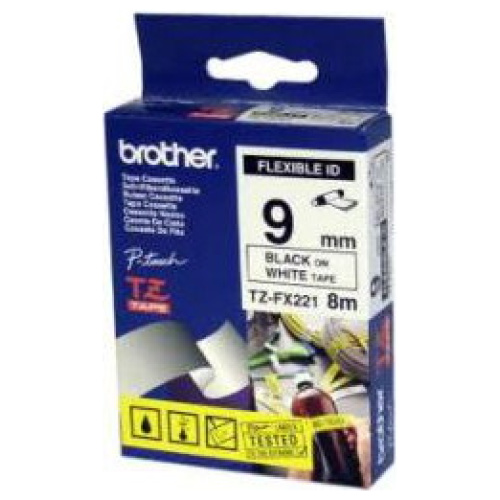 Brother TZ-FX221 Flexible Laminated Black Printing on White Tape (9mm Width 8 Metres in Length)