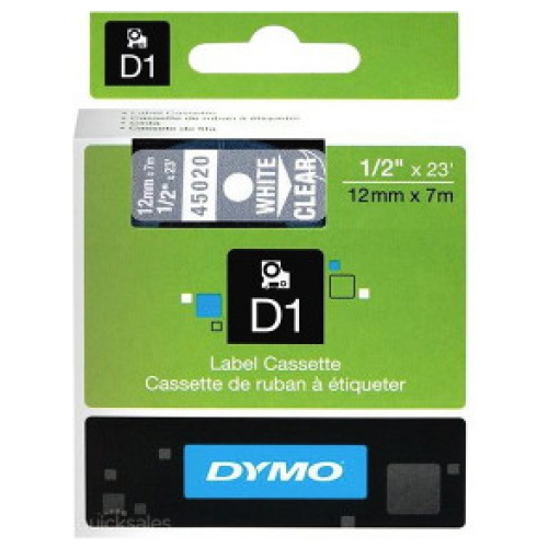 DYMO D1 (SD45020/S0720600) Label Cassette, 12mm x 7m - White on Clear