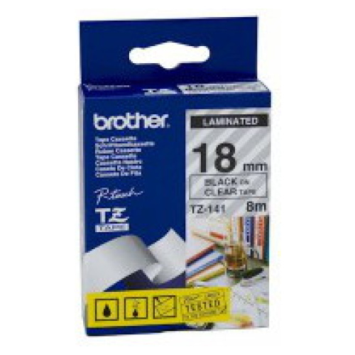 Brother TZ-141 Laminated Black on Clear Tape (18mm Width 8 Metres in Length)