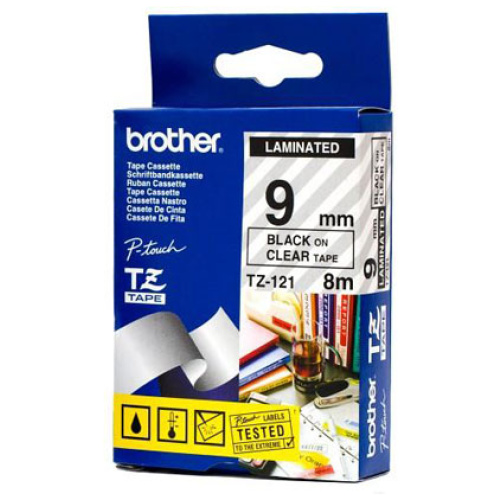 Brother TZ-121 Laminated Black on Clear Tape (9mm 8M Length)