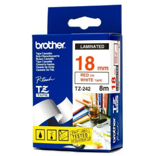 Brother TZ-242 Laminated Red Printing on White Tape (18mm Width 8 Metres in Length)