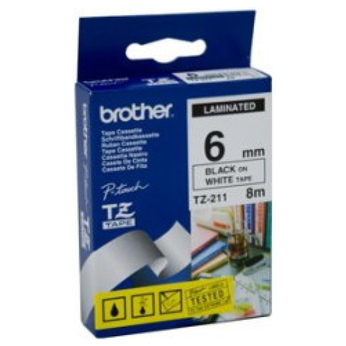 Brother TZ-211 Laminated Black Printing on White Tape (6mm Width 8 Metres in Length)