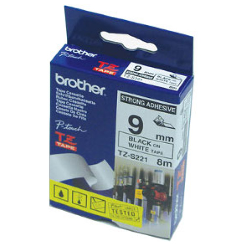 Brother TZ-S221 Strong Adhesive Laminated Tape Black on White Tape (9mm 8M L