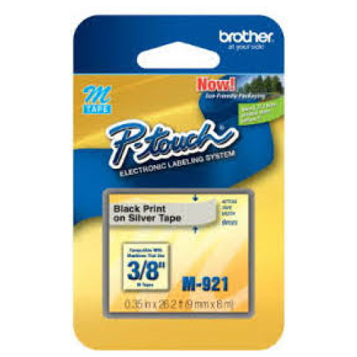 Brother M-921 Non-Laminated Black Printing on Silver Tape (9mm Width 8 Metres in Length)