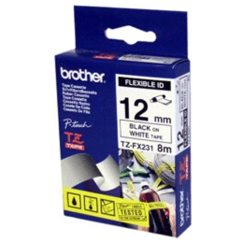 Brother TZ-FX231 Black Printing on White Tape (12mm Width 8 Metres in Length)
