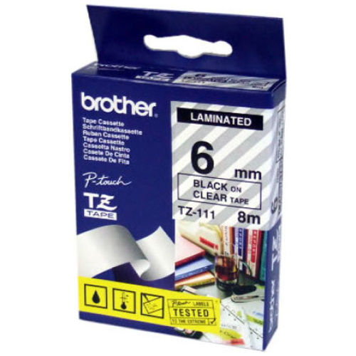 Brother TZ-111 Laminated Black on Clear Tape (6mm W 8M Length)
