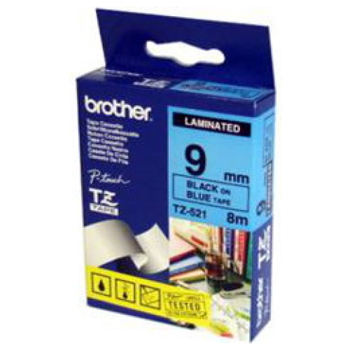 Brother TZ-521 Laminated Black Printing on Blue Tape (9mm Width 8 Metres in Length)